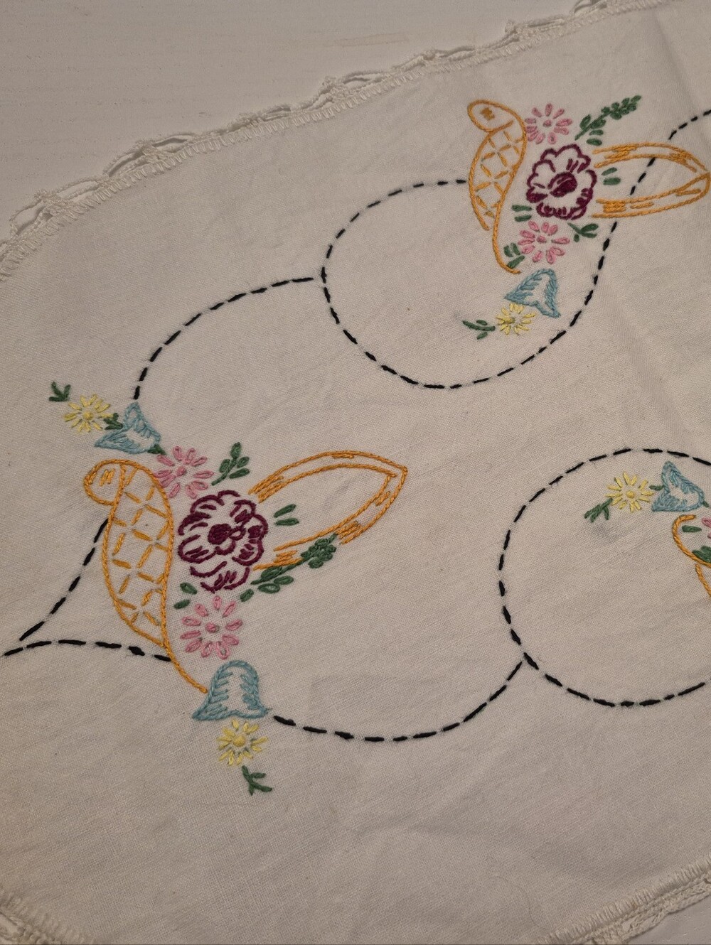 Embroidered Floral Cotton Doily in White with Multicolor Stitching